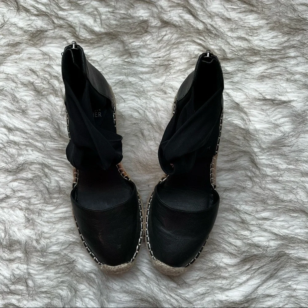 Eileen Fisher Black Wallis Leather Wedge Espadrille Sandals Ankle Strap Size 6.5 - Picture 4 of 12